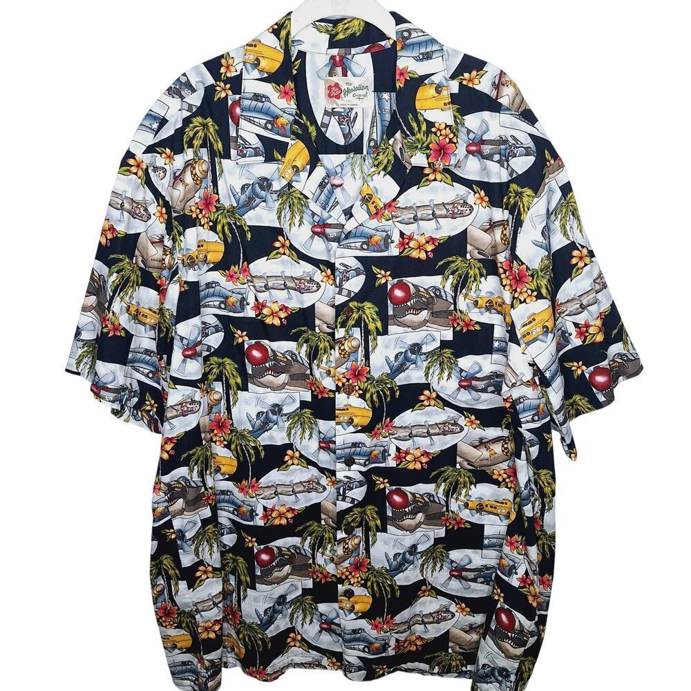 Hilo Hattie Hawaiian Shirt Men's 2XL WWII Planes Bombers Hula Girls Cotton Camp